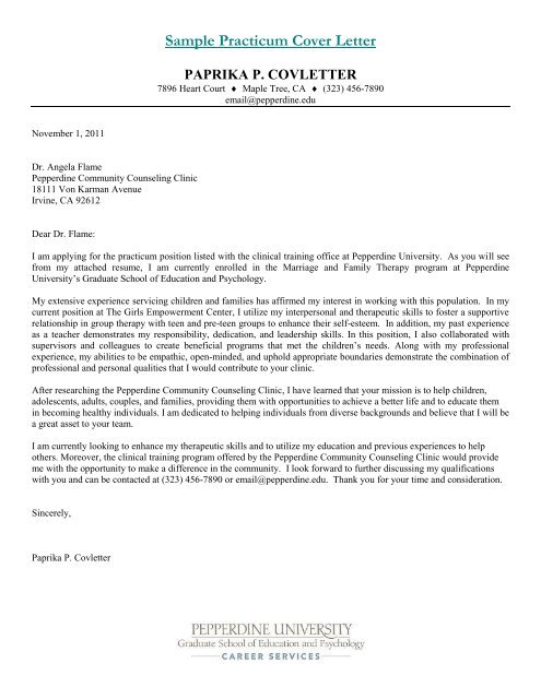 Sample Psychology Intern Cover Letter - Pepperdine University