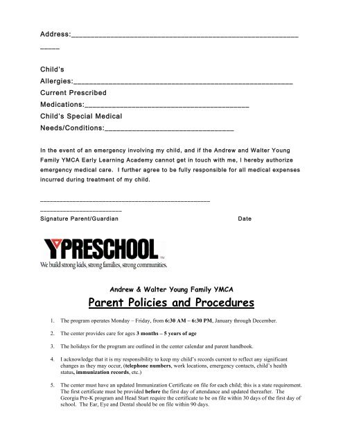 Young Preschool Registration Packet - YMCA of Metro Atlanta