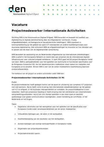 Vacature Projectmedewerker Internationale Activiteiten - DEN