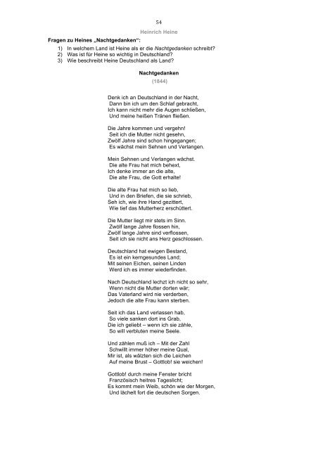 54 Heinrich Heine Fragen zu Heines â€žNachtgedankenâ€œ - Deutsch mit ...