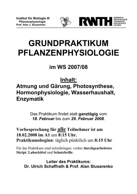 grundpraktikum pflanzenphysiologie - Fachschaft Biologie an der ...