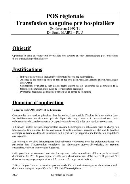 POS rÃ©gionale transfusion sanguine prÃ© hospitaliÃ¨re - COLMU