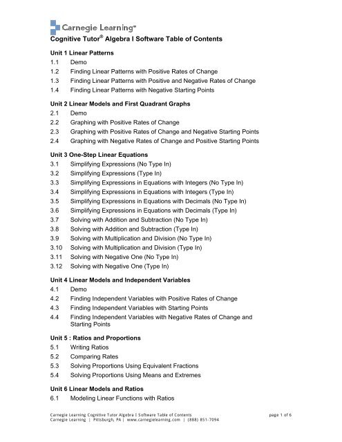 Cognitive Tutor® Algebra I Software Table of Contents - Carnegie ...