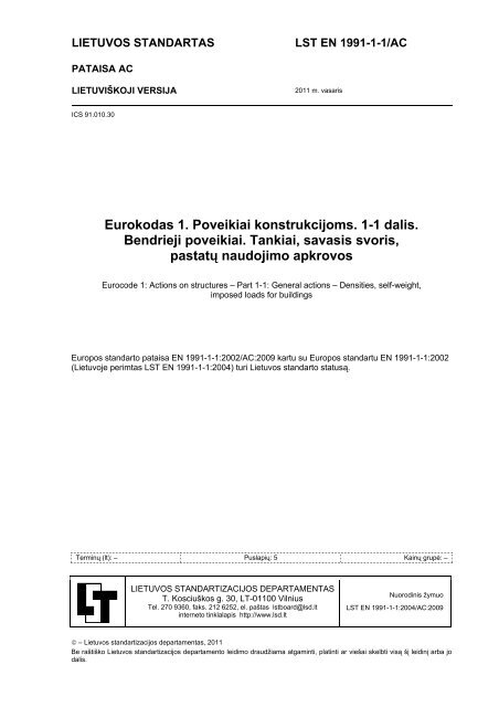 Eurokodas 1. Poveikiai konstrukcijoms. 1-1 dalis. Bendrieji poveikiai ...
