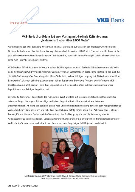 Vkb Bank Linz Urfahr Lud Zum Vortrag Mit Gerlinde Kaltenbrunner