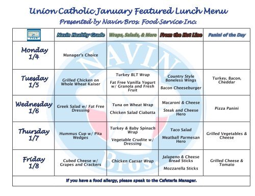 Union Catholic January Featured Lunch Menu Presented by Navin ...