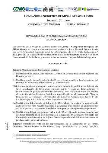 Junta General Extraordinaria de Accionistas - Cemig