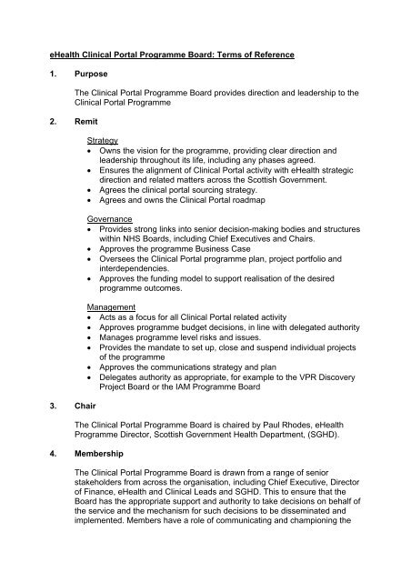 eHealth Clinical Portal Programme Board: Terms of Reference