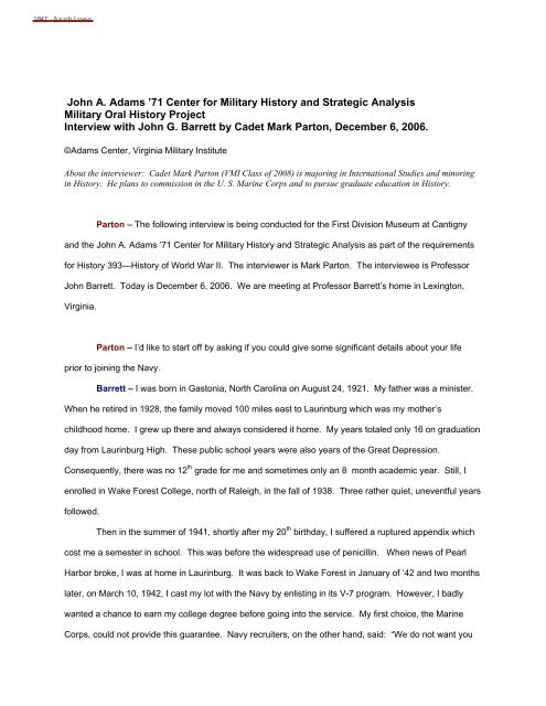 World War II Oral History John G Barrett Interview Transcript World War II Oral History John G Barrett Interview Transcript