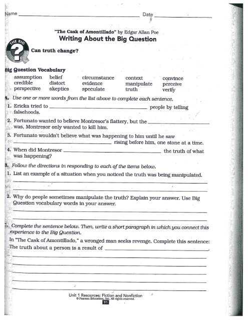 The Cask of Amontillado p. 91-94 worksheets