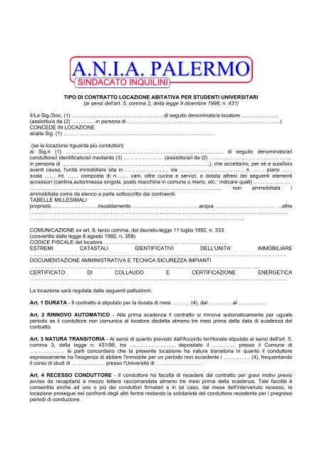 Contratto per universitari - Sindacato inquilini ANIA