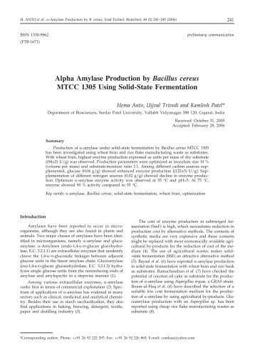 Alpha Amylase Production by Bacillus cereus MTCC 1305 Using ...