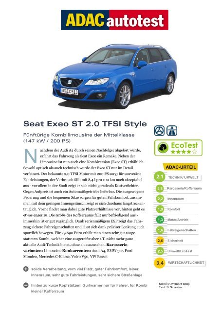 Umfassender Test Seat Exeo St 2 0 Tfsi Style Adac
