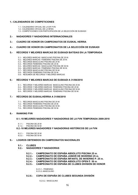 Memoria Deportiva 2009-2010 - FederaciÃ³n Vasca de NataciÃ³n.