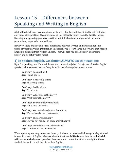 Lesson 45 – Differences between Speaking and Writing in English