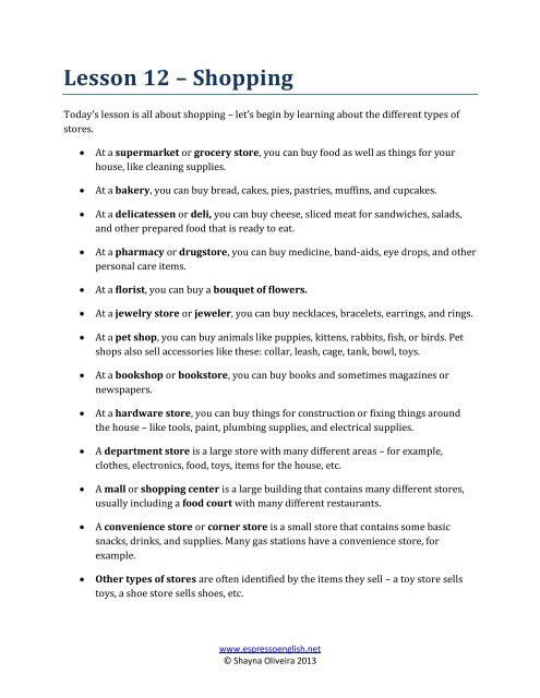 Lesson 12 – Shopping