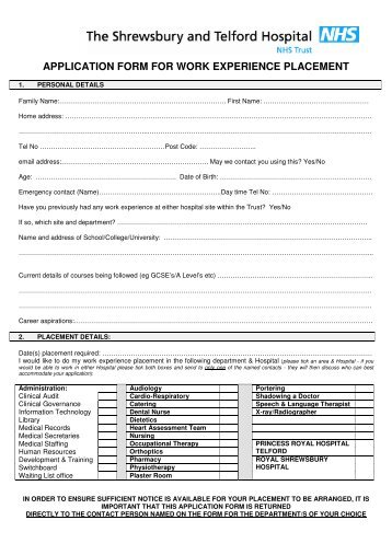 application form for work experience placement - Royal Shrewsbury ...
