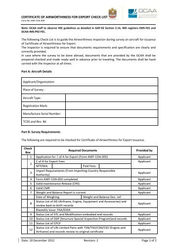 AWF-COA-009 Certificate of Airworthiness for Export Check List Rev. 2