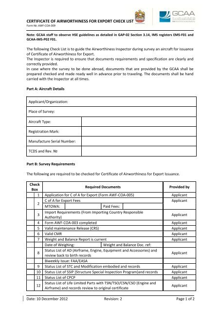 AWF-COA-009 Certificate of Airworthiness for Export Check List Rev. 2