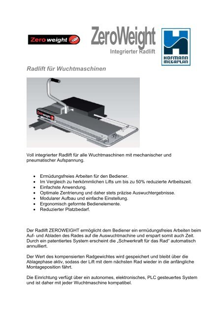 ZeroWeight Integrierter Radlift Radlift für ... - Hofmann Megaplan