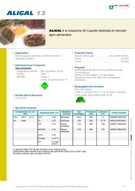 Scheda Prodotto Aligal 13 - Air Liquide Italia