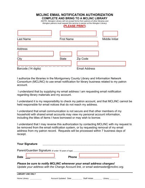 MCLINC LIBRARY CARD APPLICATION - Horsham Township Library