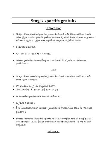 Stages sportifs gratuits AthlÃ©tisme - Province du Brabant wallon