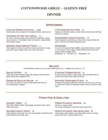 COTTONWOOD GRILLE â GLUTEN FREE DINNER