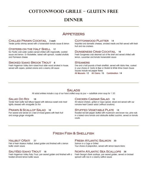 COTTONWOOD GRILLE â GLUTEN FREE DINNER