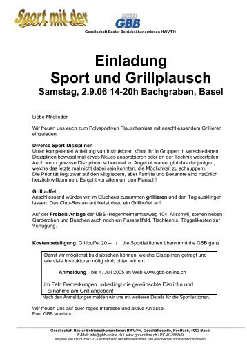 Einladung Sport und Grillplausch Samstag, 2.9.06 14-20h ... - GBB