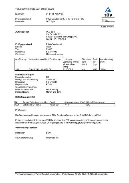 Teilegutachten Nach A 19 3 Stvzo Nummer 01 8114 A06 V03