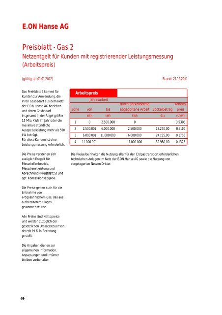 E.ON Hanse AG Netzentgelte Gas