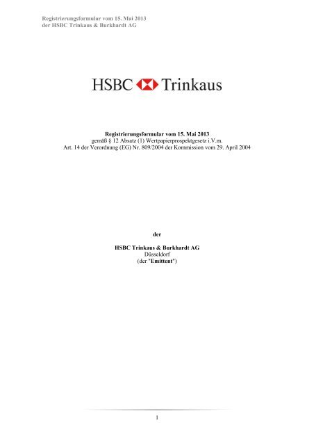 Registrierungsformular vom 15. Mai 2013 der HSBC Trinkaus ...