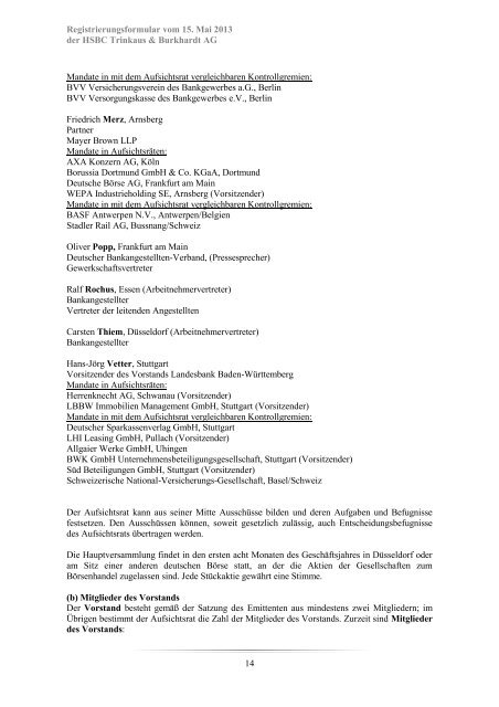 Registrierungsformular vom 15. Mai 2013 der HSBC Trinkaus ...