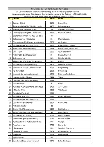 Nr. Gewinn Los-Nr. Name 1 Barpreis 500 ... - beim FC Finnentrop