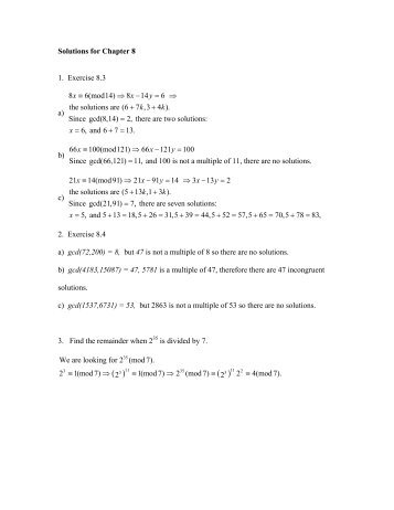 Solutions for Chapter 8 1. Exercise 8.3 a) 8 6(mod14) 8 14 6 the ...