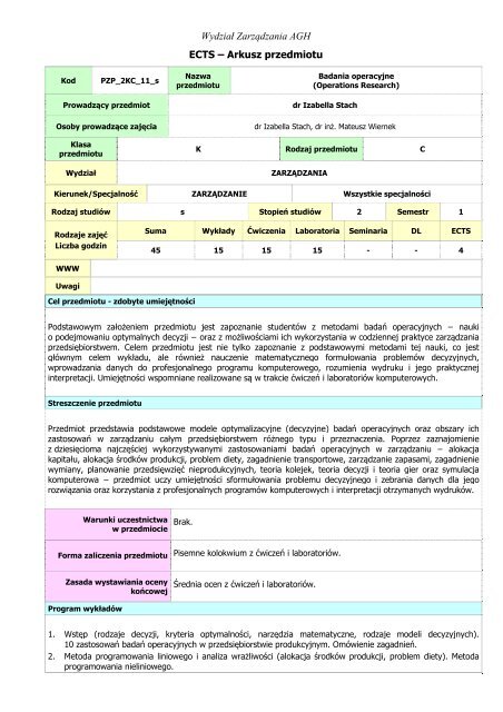 Prowadzący przedmiot - Wydział Zarządzania - AGH