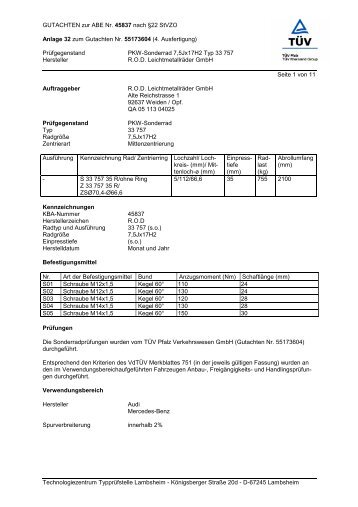 GUTACHTEN zur ABE Nr. 45837 nach Â§22 StVZO ... - autokola.cz