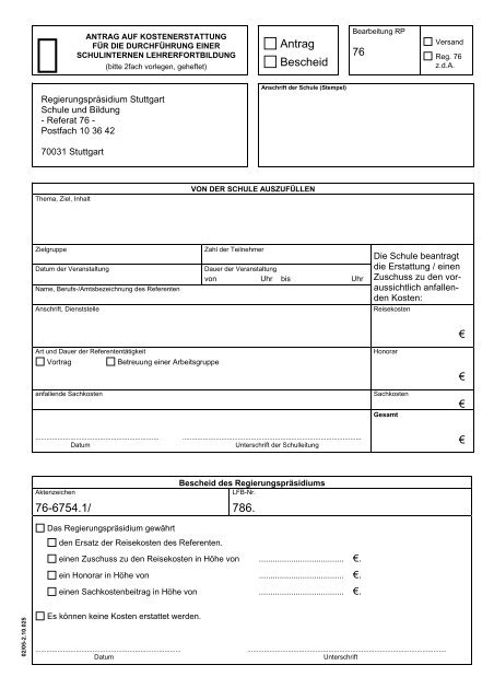 Formular fÃ¼r Kostenerstattung - Schule und Bildung