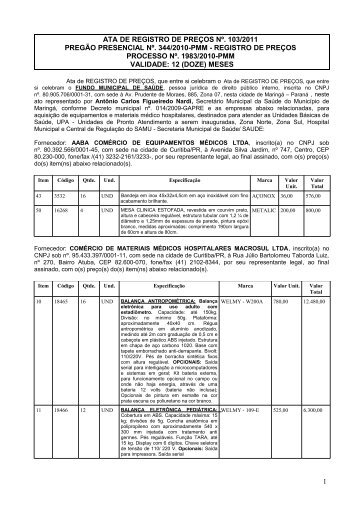 Ata de Registro de PreÃ§os nÂº 103/11-PMM - MaringÃ¡