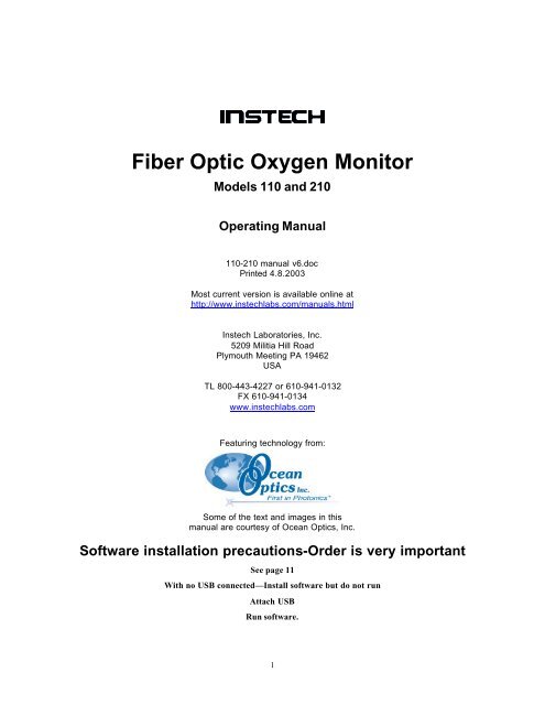 110 / 210 Fiber Optic Oxygen Monitor - Instech Laboratories, Inc.