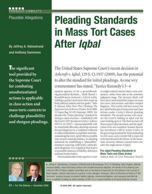 Pleading Standards in Mass Tort Cases After Iqbal - Dinsmore ...