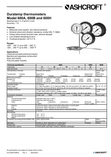 Duratemp thermometers Model 600A, 600B and 600H - Ashcroft ...