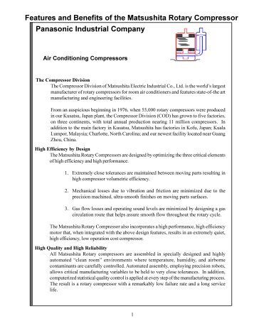 Features and Benefits of the Matsushita Rotary Compressor ...