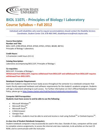 Principles of Biology I Laboratory Course Syllabus â Fall 2012