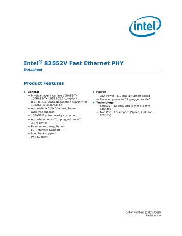 Intel(r) 82552V Fast Ethernet PHY Datasheet