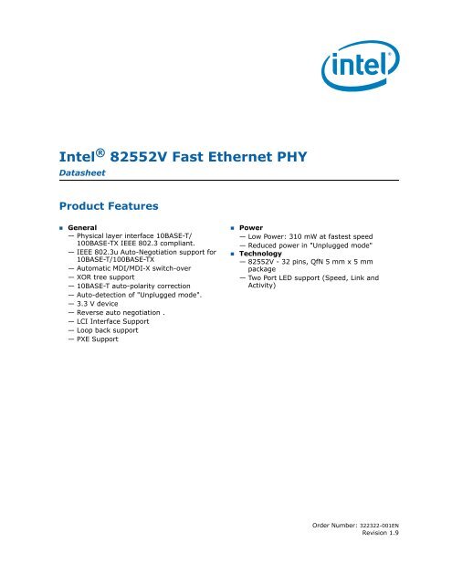 Intel(r) 82552V Fast Ethernet PHY Datasheet