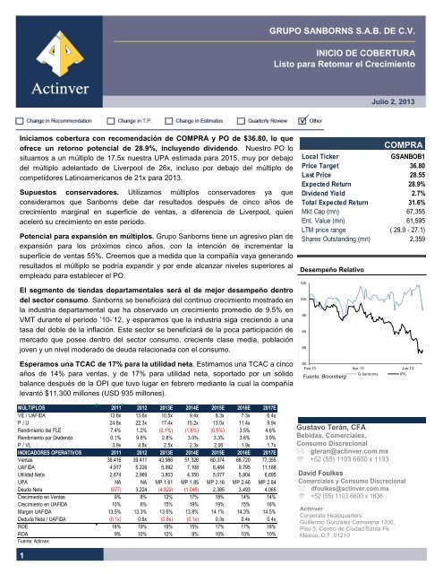 GRUPO SANBORNS S.A.B. DE C.V. INICIO DE ... - Actinver
