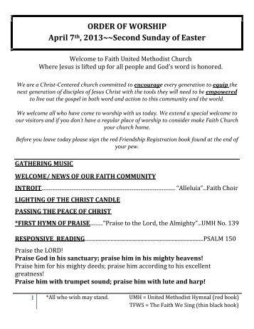 ORDER OF WORSHIP April 7th, 2013 - Faith United Methodist Church
