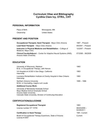 Curriculum Vitae and Bibliography Cynthia Clare Ivy, OTR/L, CHT